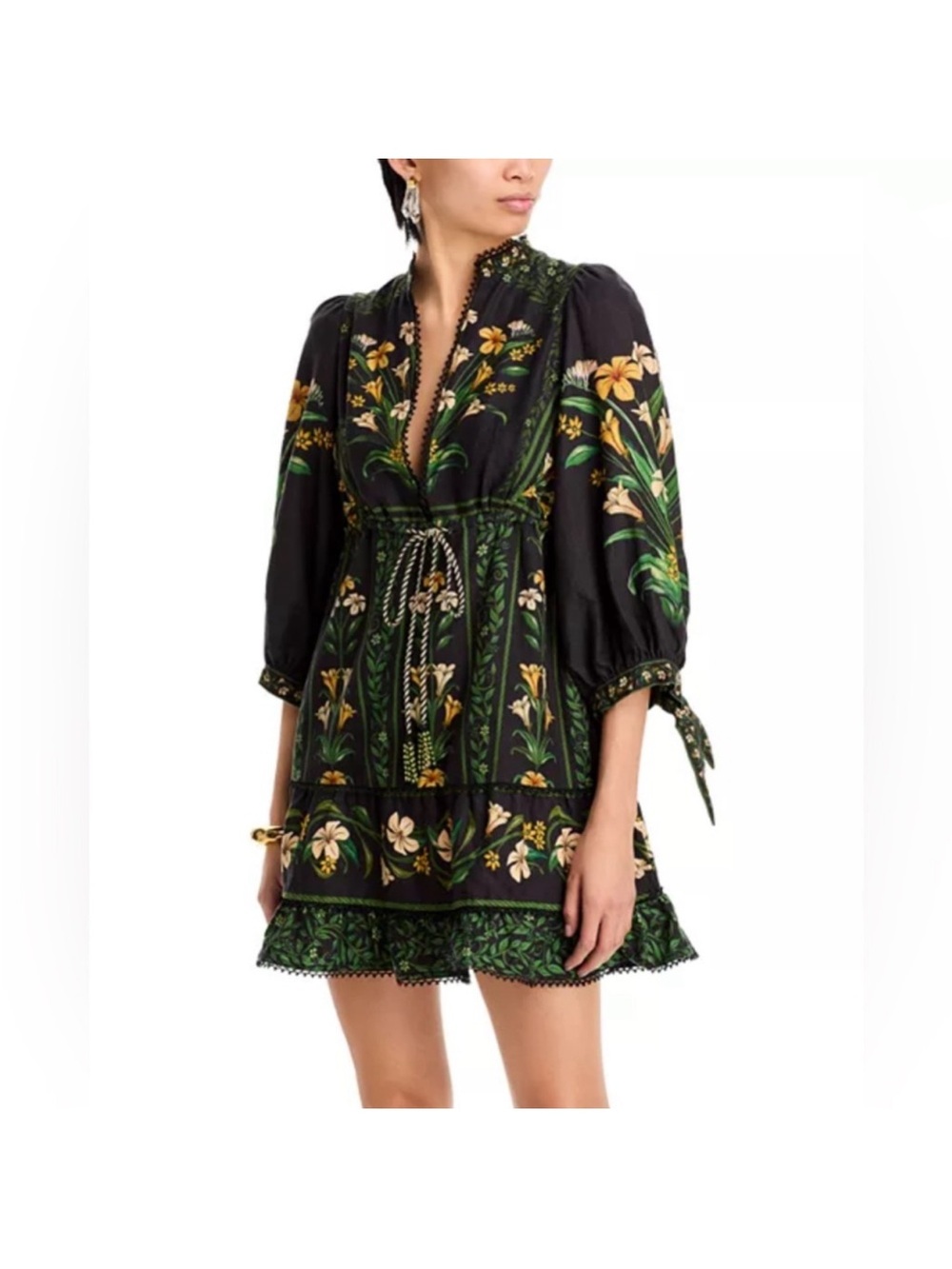 FARM Rio Black Mini Dress with Green & Yellow Floral Motif
